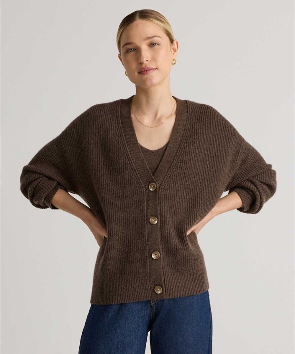 Quince Mongolian Cashmere Fisherman Boxy Crop Cardigan Sweater Brown Small S